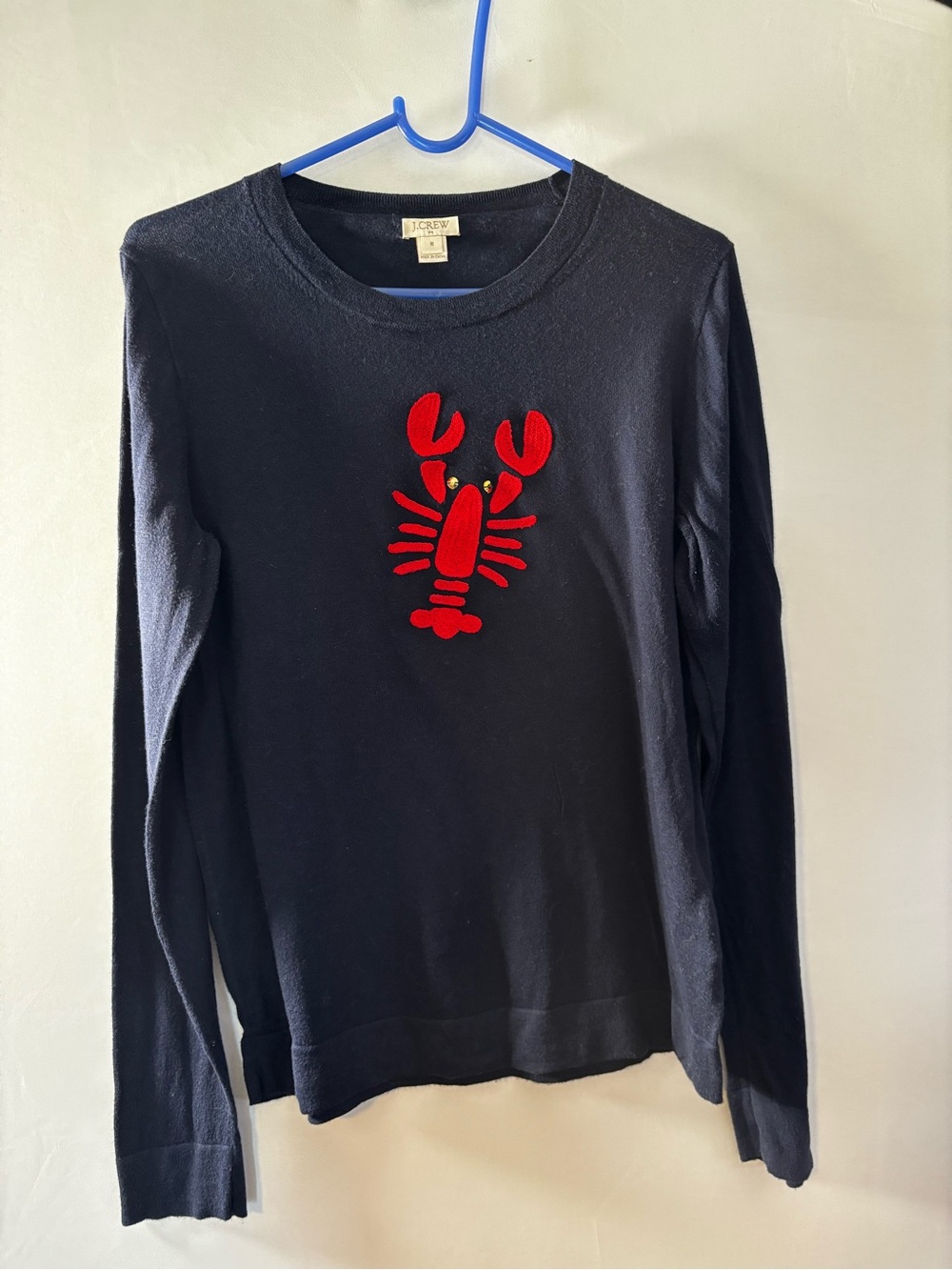 J. Crew Navy Crewneck Sweater with Red Lobster Patch Size Medium